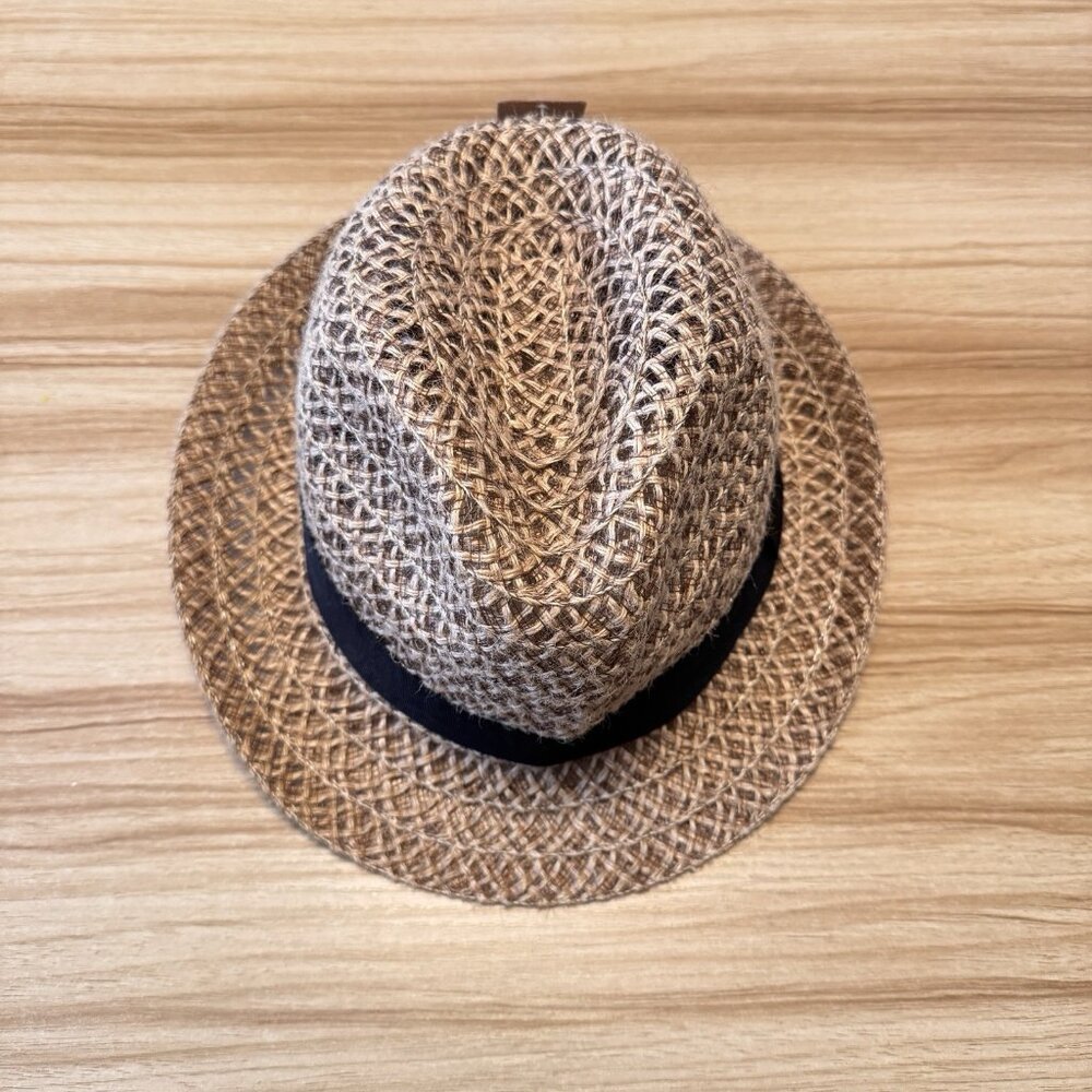 NWT Mirmaru Fedora Hat Mens Size 57 100% Natural Linen Woven Tan Black